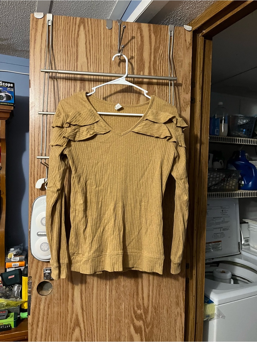 kate quinn Mustard Ribbed V-Neck Long Sleeve with Ruffle Shoulders
